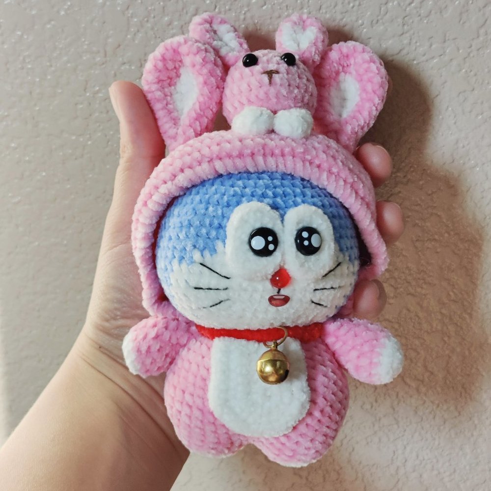 Handmade Amigurumi Crochet Doraemon Wearing a Bunny Hoodie - Picture 7 of 10